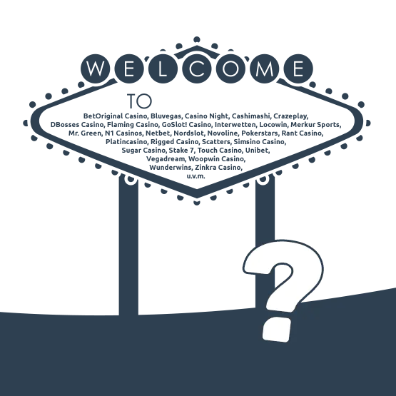 Eine Illustration zeigt ein dunkel-blaues Schild, das zu unzähligen Online-Casinos willkommen heißt. Daneben steht ein Fragezeichen.